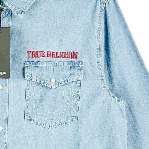 TRUE RELIGION Men's Chambray Long Sleeve Blue Western Pearl Snap Shirt Sz XL NWT - Picture 9 of 14